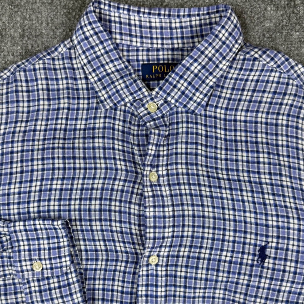 Polo Ralph Lauren Button Down Mens XL Blue White Plaid 100% Linen Long Sleeve